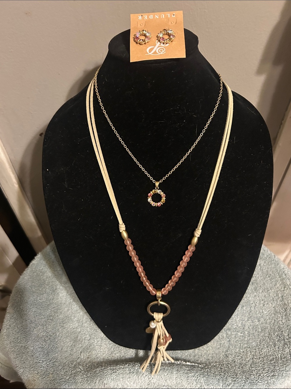 Plunder Pink and Gold Layered Bead Tassel Necklace Set